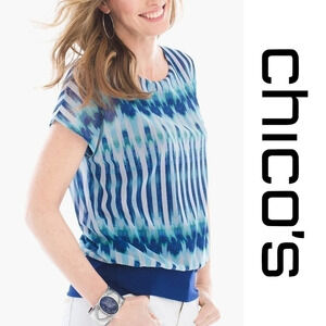 ✨️4/$20. CHICOS Ikat Banded Hem Blouse, Colorful Sheer Sleeve, 0 or S